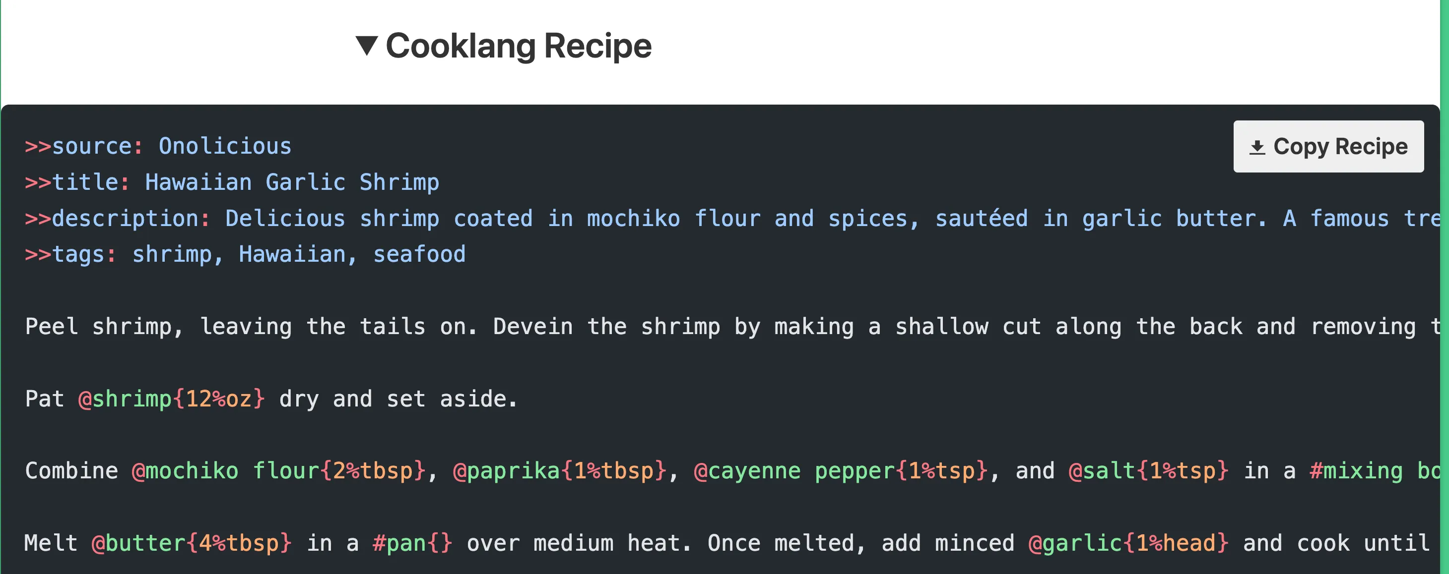 Copy cooklang recipe on any page