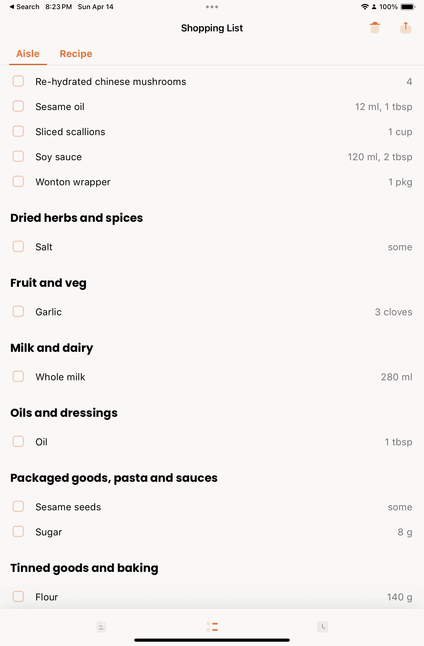 Combined shopping list of all recipes