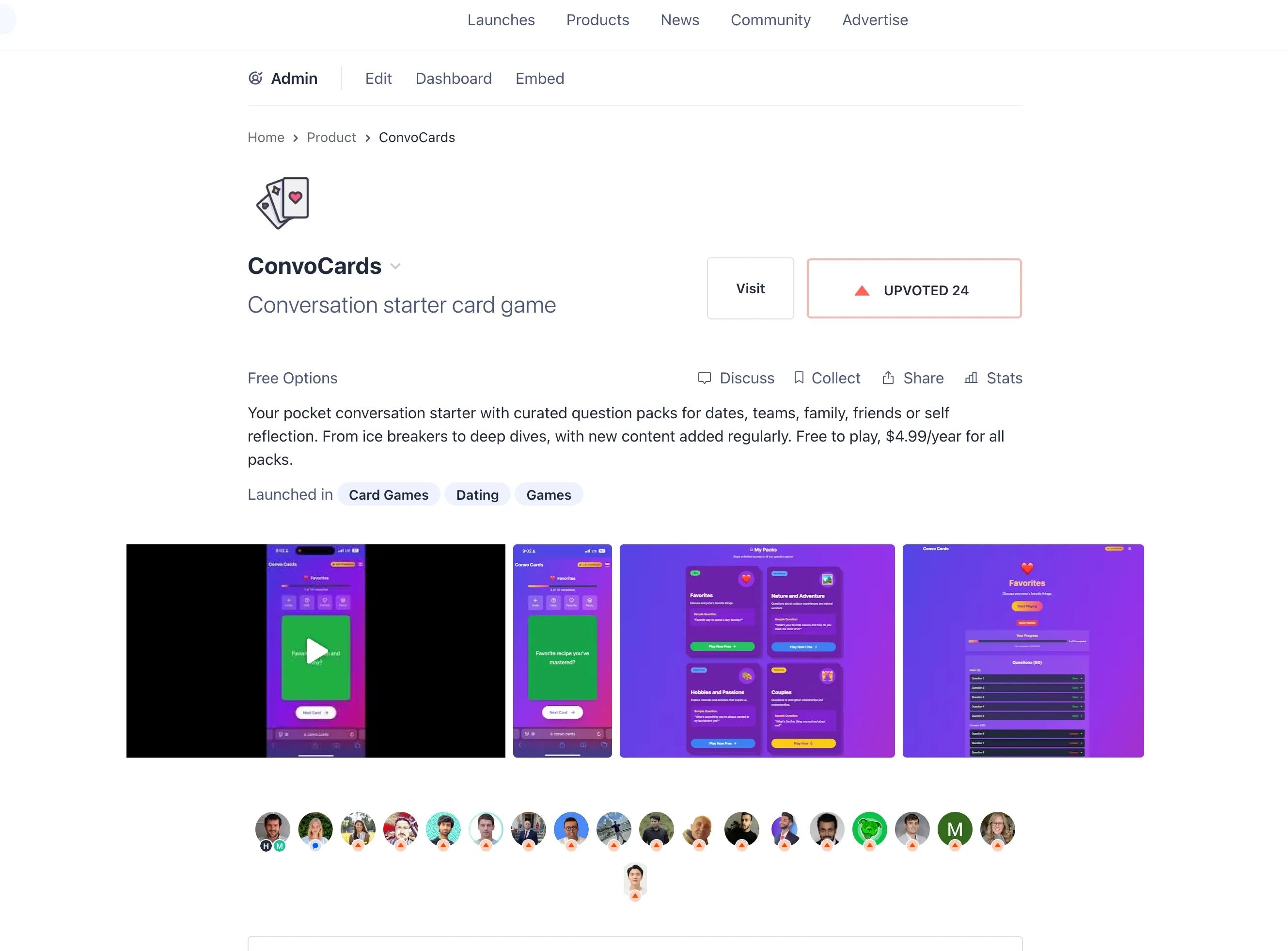 Product Hunt launch page for ConvoCards